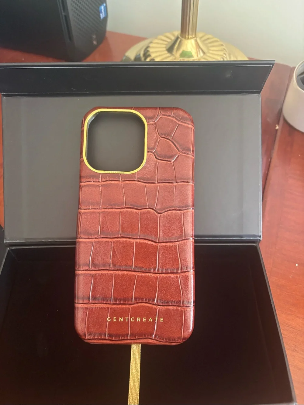 Brown Croc-Embossed Leather Phone Case with Gold Accent